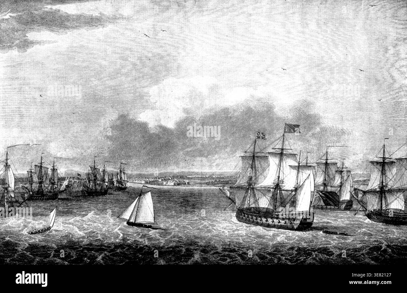 Britische Expedition gegen Havanna, 1762: Die Flotte unter Sir George Pocock, die in den Hafen einmarschiert, um Besitz zu nehmen (1898). Im Krieg zwischen England und Spanien, der Anfang 1762 ausgerufen wurde, kam die britische Flotte unter Sir George Pocock am 5. Juni vor Havanna an. Der Landangriff wurde von George Keppel, dem zweiten Earl of Albemarle, kommandiert. Die Landung erfolgte am 7. Juni und nach einer zweimonatigen Belagerung auf See und zu Land ergab sich Havanna am 14. August. Das Preisgeld wurde auf drei Millionen Sterling geschätzt. Unsere Illustration aus einem alten Druck gibt einen guten Blick auf das Stockfoto
