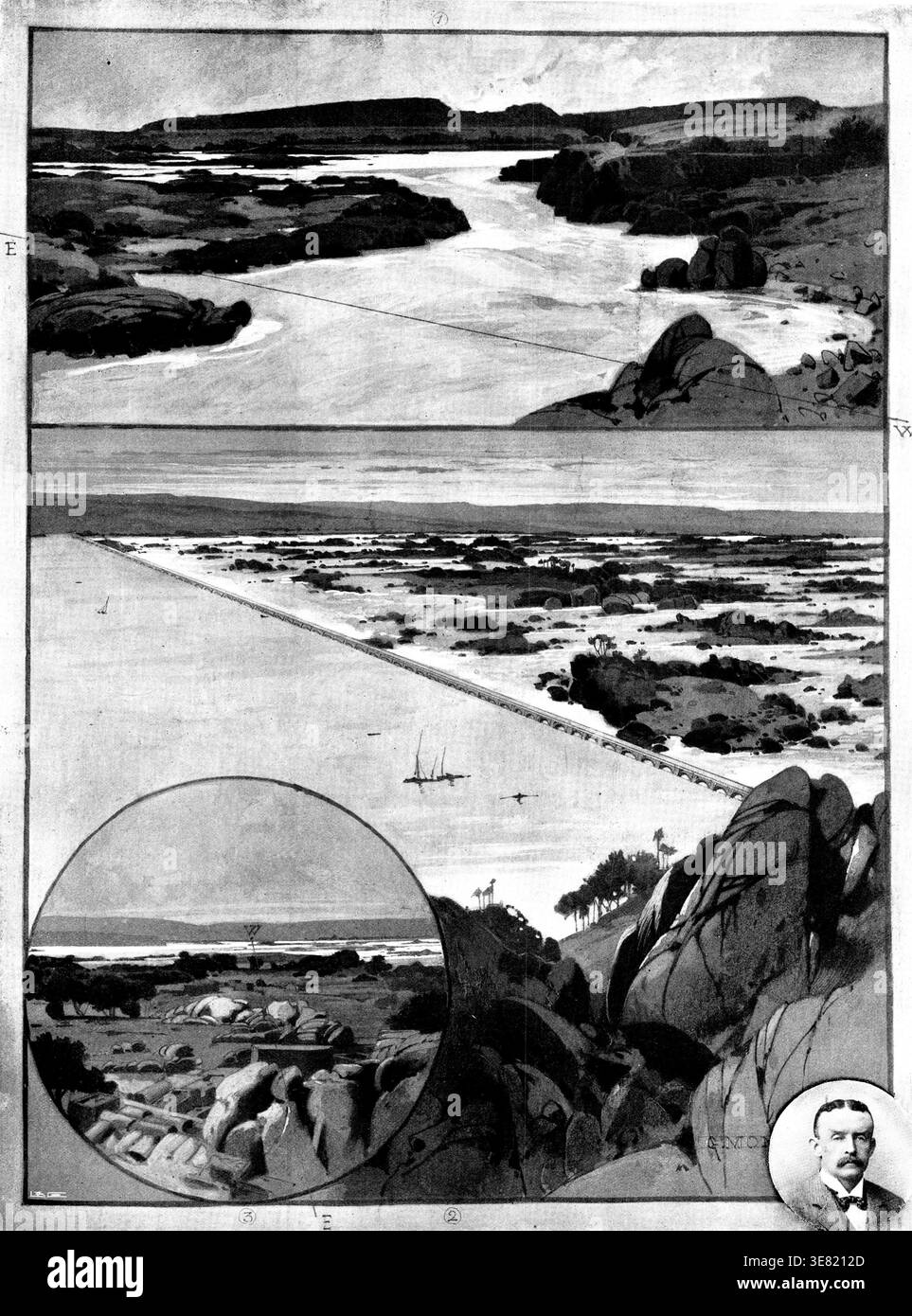 Das Sperrfeuer des Nils, 1898. "1. Ort des geplanten Staudamms und der Schleusen unterhalb des großen Falls des Cataract bei Assouan. Vom Westjordanland aus gesehen. 2. Der Staudamm wird nach Abschluss angezeigt. 3. Ort des geplanten Staudamms, vom Ostufer aus gesehen. 4. Sir W. Garstin, K.C.M.G., Unterstaatssekretär für öffentliche Arbeiten, Ägypten, Urheber des Projekts. Aus Fotografien und Skizzen von Sir Benjamin Baker, F.B.S., K.C.M.G., das projizierte System von Stausee und Staudamm für die Speicherung des Nils in Oberägypten im Hinblick auf die Regulierung der lebensspendenden Wasserversorgung für die Stockfoto