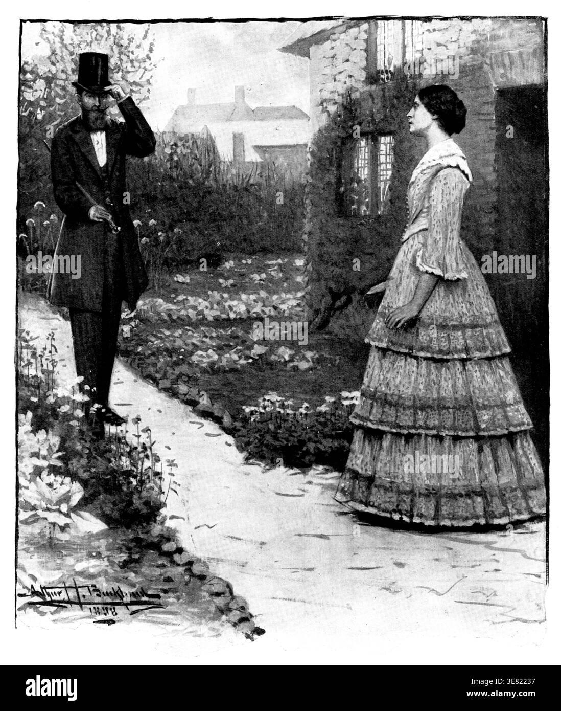 Sie sah einen schönen Mann vor sich, gut gekleidet, mit dickem Schnurrbart und Bart, und mit tiefen, dunklen Augen, 1898. Illustration von Arthur H. Buckland, zu einer Kurzgeschichte von S. Baring-Gould. Aus Illustrated London News, 1898. Stockfoto