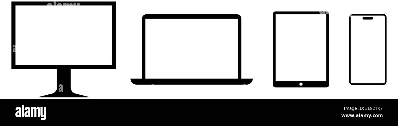 Schwarzweiß-Strichgrafik mit vier elektronischen Geräten hintereinander, darunter Desktop-Monitor, Laptop, Tablet und Smartphone. Minimalistischer Stil für UI UX Stock Vektor