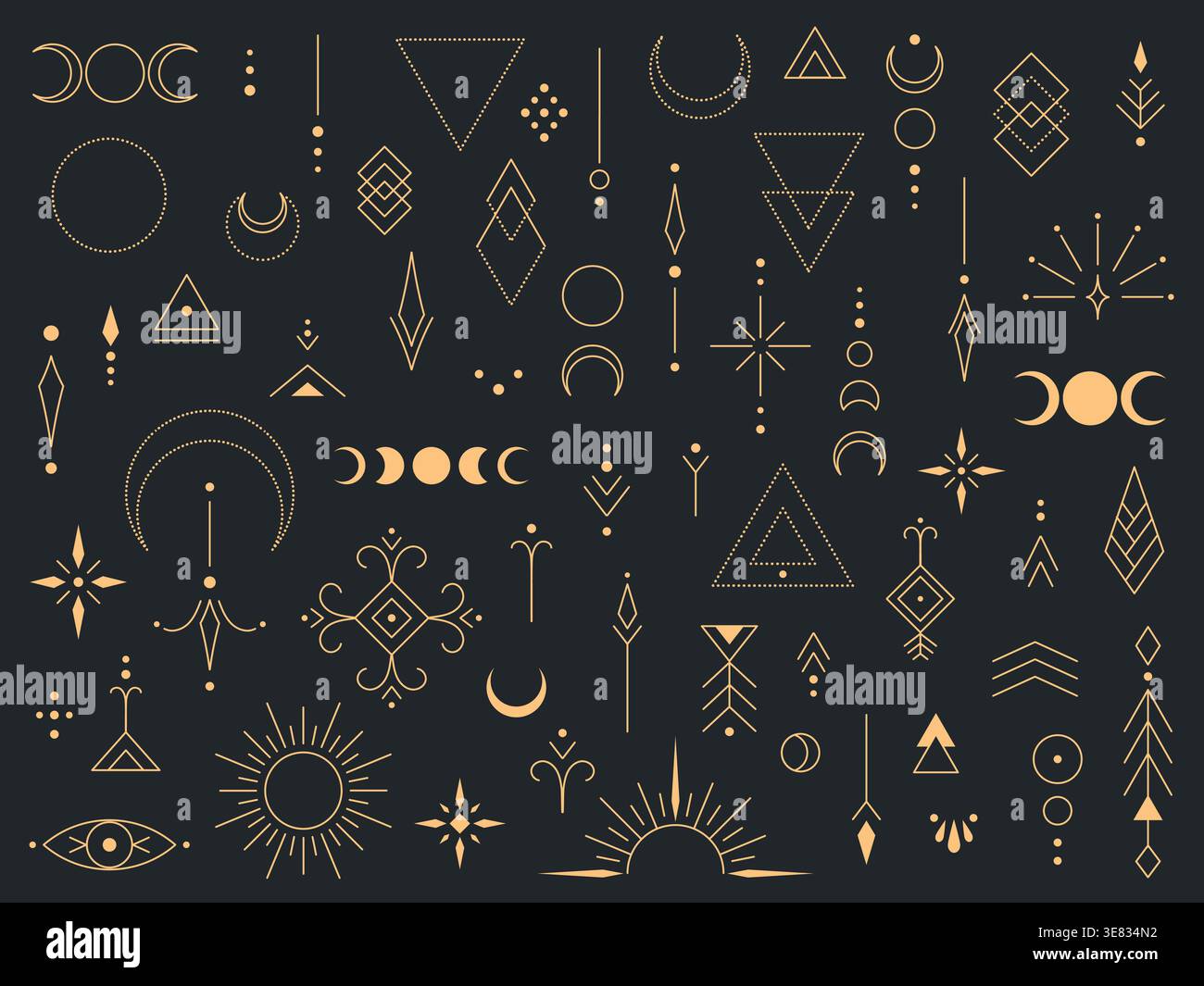 Sammlung goldener geometrischer und himmlischer Symbole auf dunklem Hintergrund. Umfasst Kreise, Dreiecke, Monde, Sonnen und abstrakte mystische Desi Stock Vektor