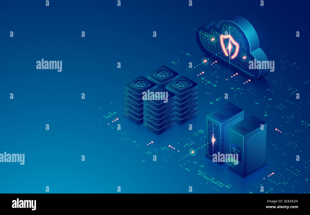 Konzept des Rechenzentrums- oder Cloud-Speichers, Grafik des Cloud-Computing mit Serverraum Stock Vektor