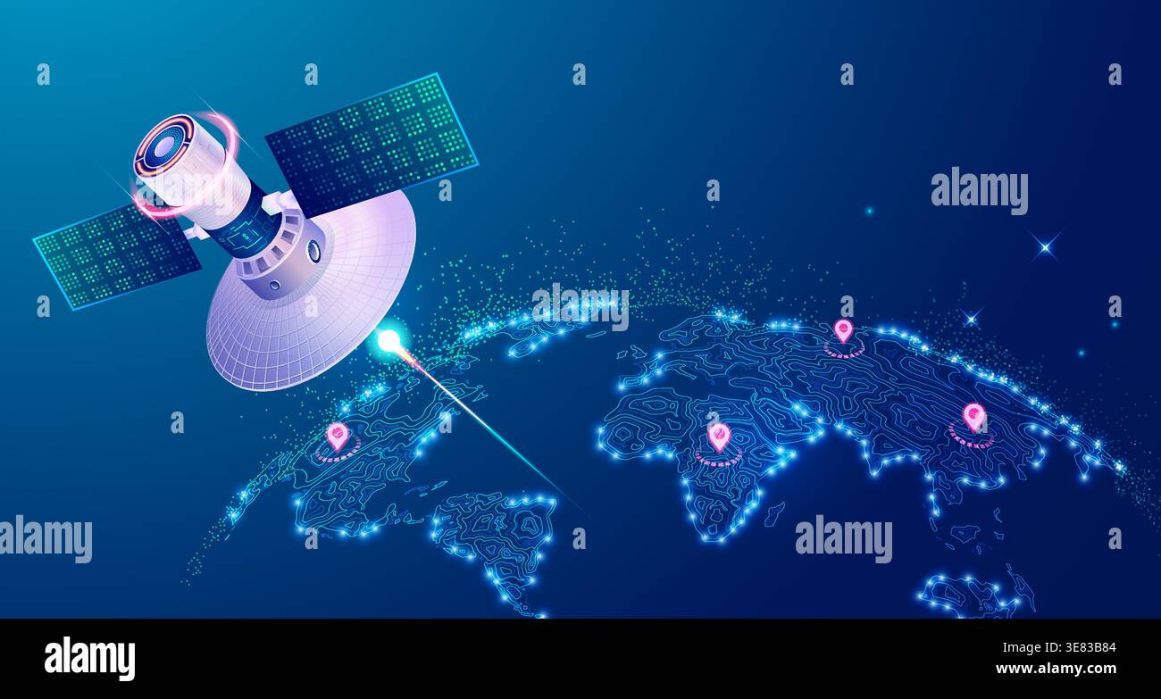 Konzept der Kommunikationstechnik, Grafik des futuristischen Satelliten mit Geländeweltkarte Globus als Hintergrund Stock Vektor