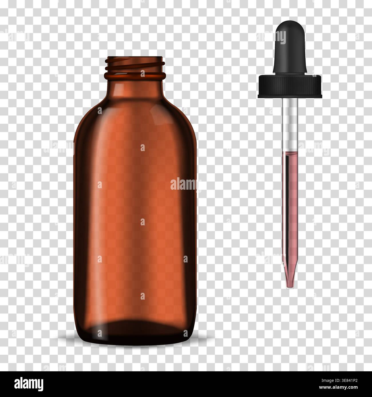 Offene dunkle klare dicke Glasflasche mit Tropfverschluss auf transparentem Hintergrund, realistisches Modell. Verpackung von Kosmetik- oder Medizinprodukten, Vektorvorlage Stock Vektor