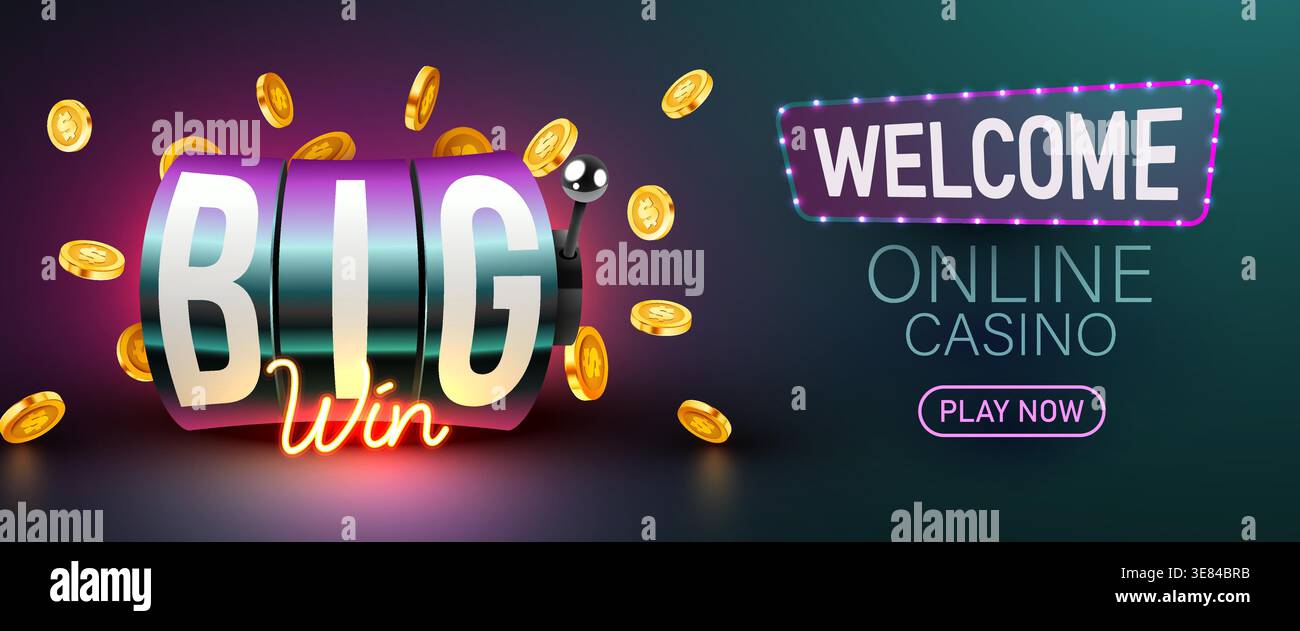 Online Casino Big Win Spielautomat mit fallenden goldenen Münzen. Willkommen zum Spielen und Genießen des spannenden Spiels. Vektorabbildung. Stock Vektor