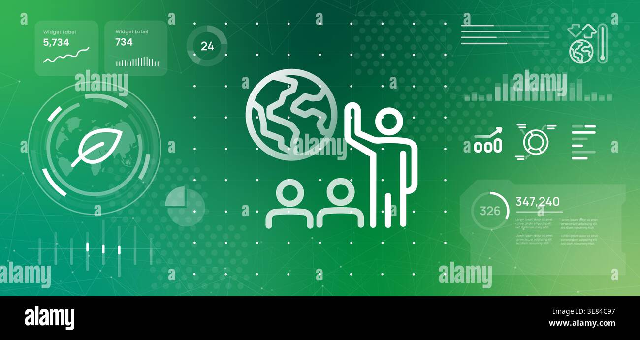 Präsentationskonzept für Umweltbildung und globale Nachhaltigkeit mit Sprecherfigur und Erdkugel-Symbol, die das Bewusstsein für grüne Energie repräsentieren Stock Vektor