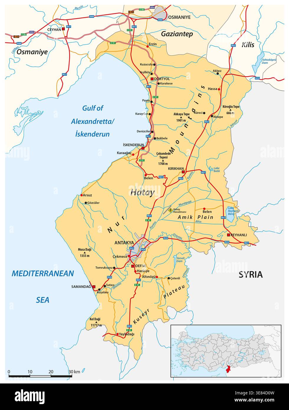 Karte der türkischen Provinz Hatay Stockfoto