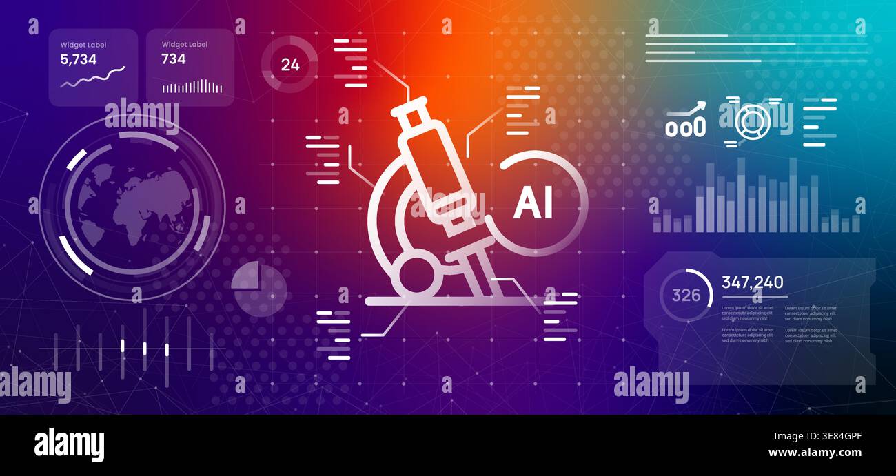 Künstliche Intelligenz Forschungsmikroskop futuristischer Hintergrund für wissenschaftlich-technologische Innovation und medizinische Diagnostik mittels Deep Learning Stock Vektor