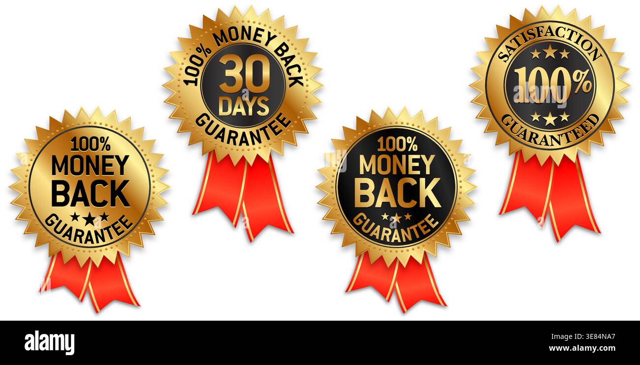Schöne elegante Gold 30 Tage Geld-zurück-Garantie-Dichtung mit rotem Band Emblem Symbol Vektor auf transparentem Hintergrund gesetzt Stock Vektor