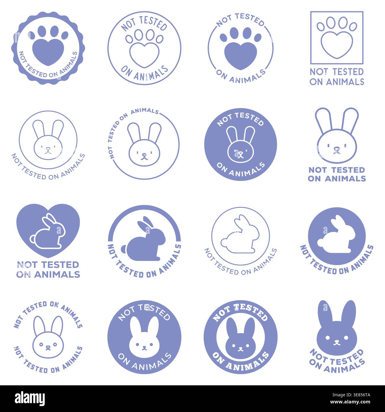 Ethische Grausamkeit kostenlose Tierprüfung Abzeichen Icons mit Kaninchen-, Herz- und Paw-Symbolen für organische und vegane Branding Vektor-Illustration Stock Vektor