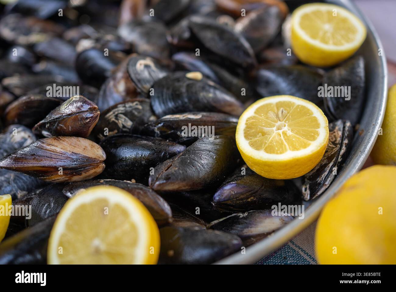 Frische Muscheln mit Zitronenscheiben Hintergrund Meeresfrüchte Textur. Hochwertige Fotos Stockfoto