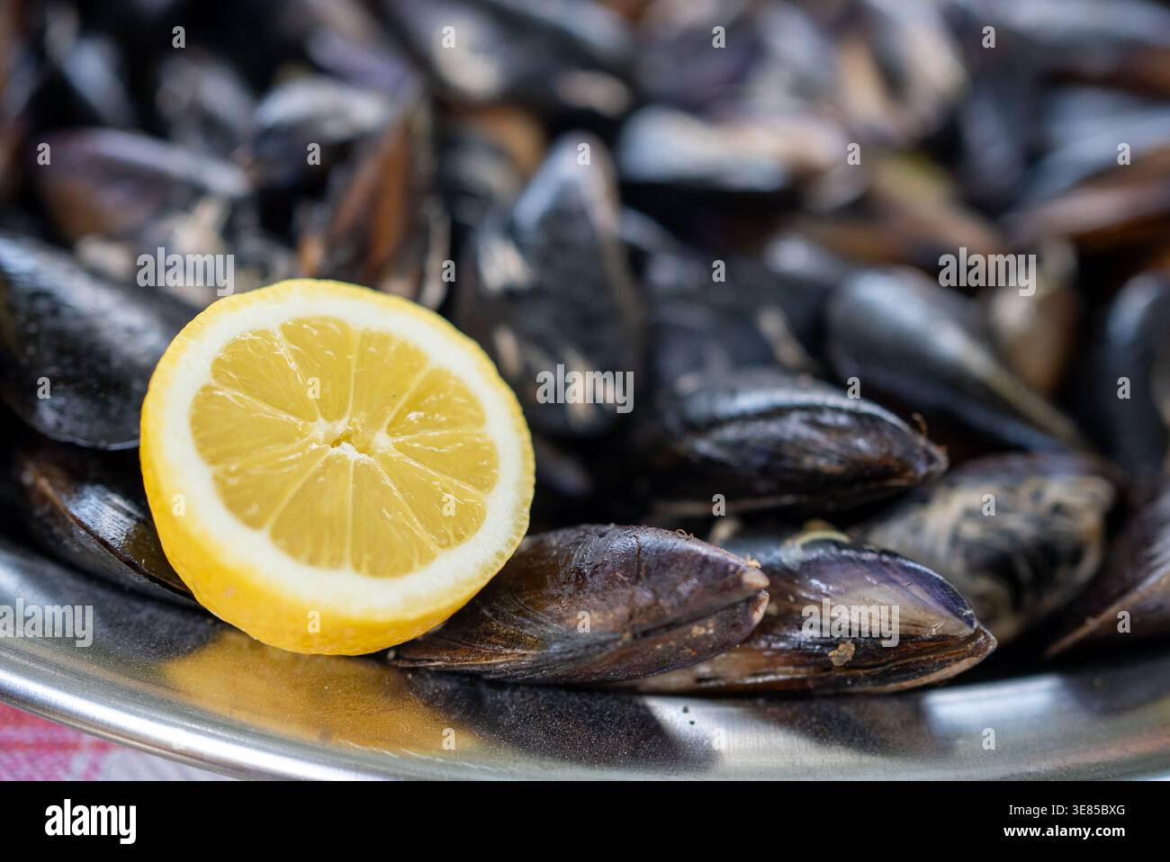Frische Muscheln mit Zitronenscheiben Hintergrund Meeresfrüchte Textur. Hochwertige Fotos Stockfoto