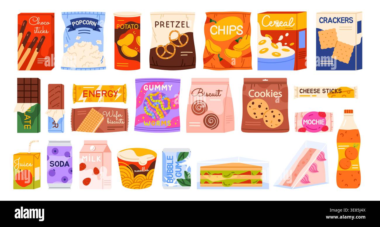 Verschiedene Fast-Food-Snacks und -Getränke in farbenfrohen Verpackungen einschließlich Chips, Keksen, Süßigkeiten, Sandwiches, Limonade und Saft, angeordnet als flaches Design isoliert auf weißem Hintergrund Vektorillustration Stock Vektor