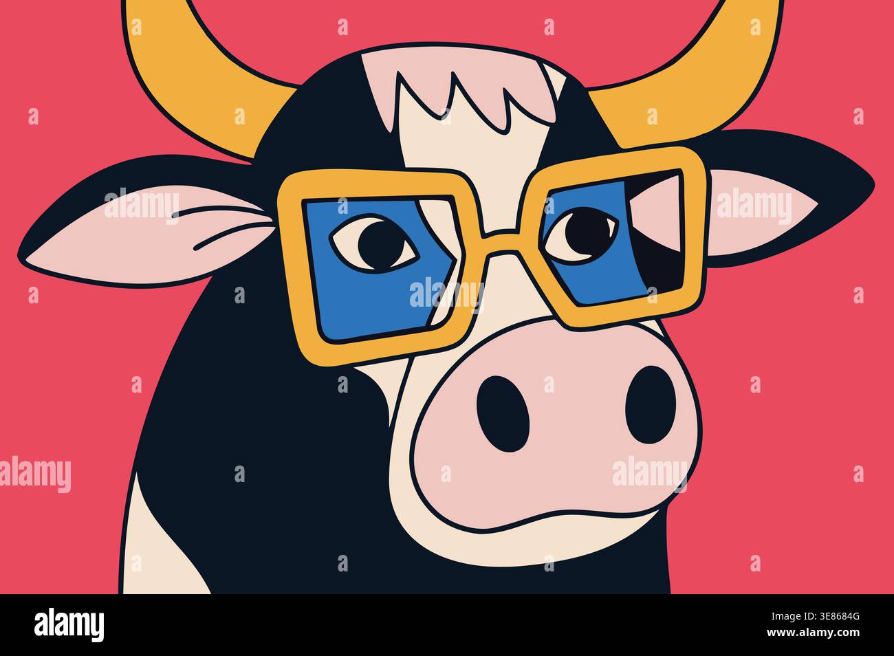 Eine Kuh mit einer großen Brille hebt sich vor einem hellrosa Hintergrund ab. Die Kuh hat einen Cartoonstil und verspielten Ausdruck. Dieses Design verwendet einfach Stockfoto