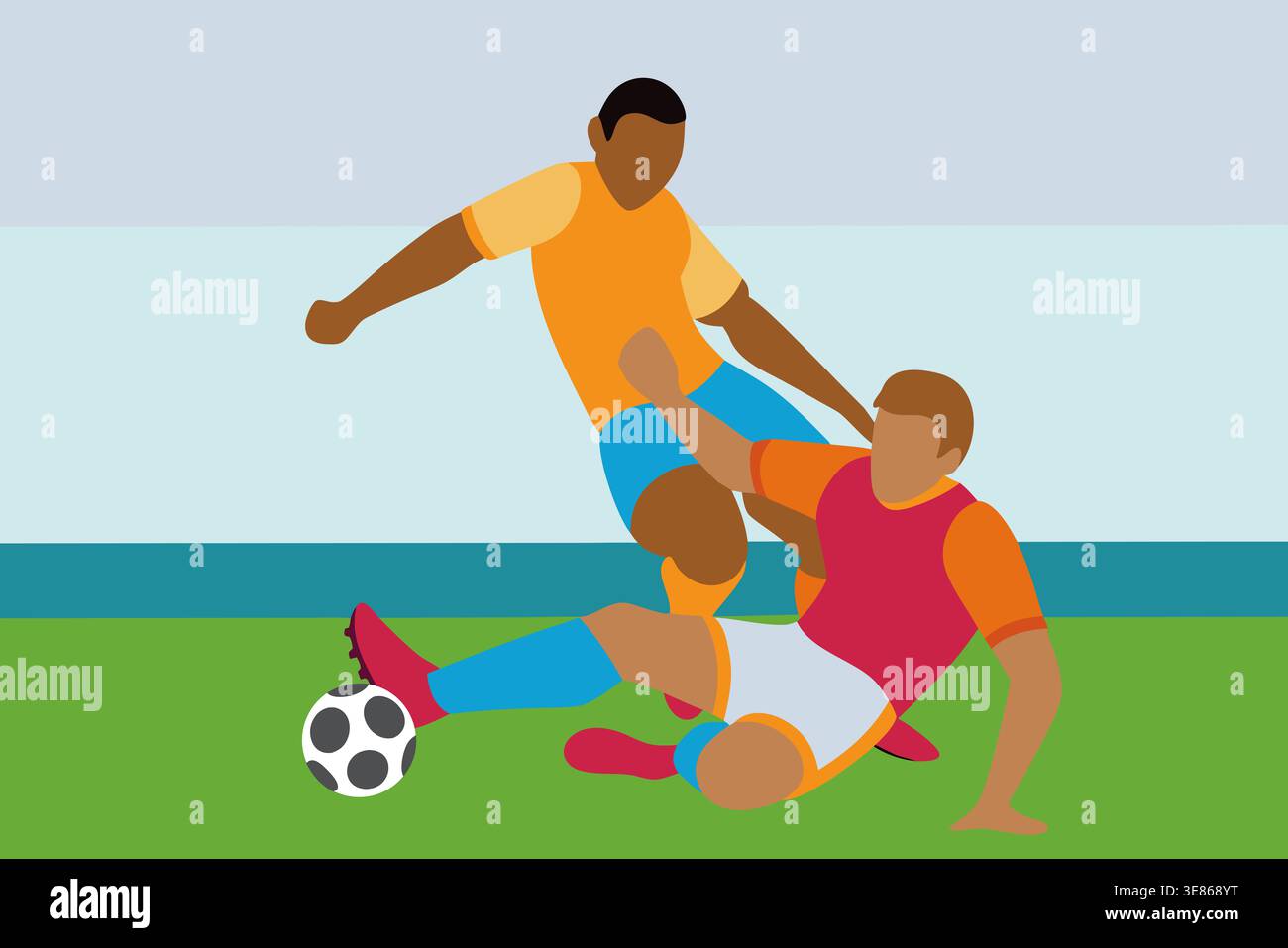 Zwei Spieler sind auf einem grasbewachsenen Fußballfeld. Ein Spieler in Orange und Blau greift den anderen Spieler in Rot an. Die Umgebung ist sonnig und das Wasser ist sichtbar Stockfoto