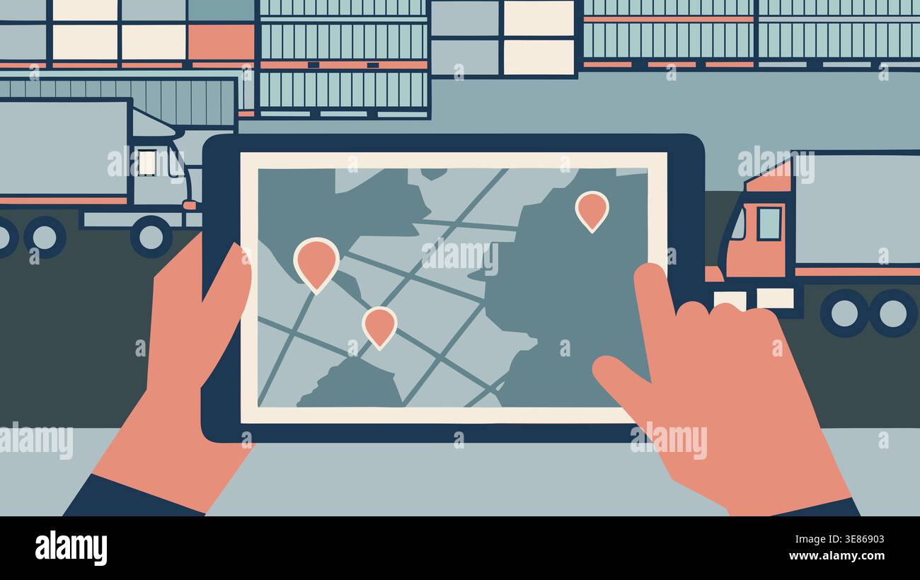 Halten Sie ein Tablet mit zwei Händen, das eine Karte mit markierten Positionen anzeigt. Im Hintergrund stehen Lkws während des in der Nähe von Versandcontainern an einem stark frequentierten Hafen Stockfoto