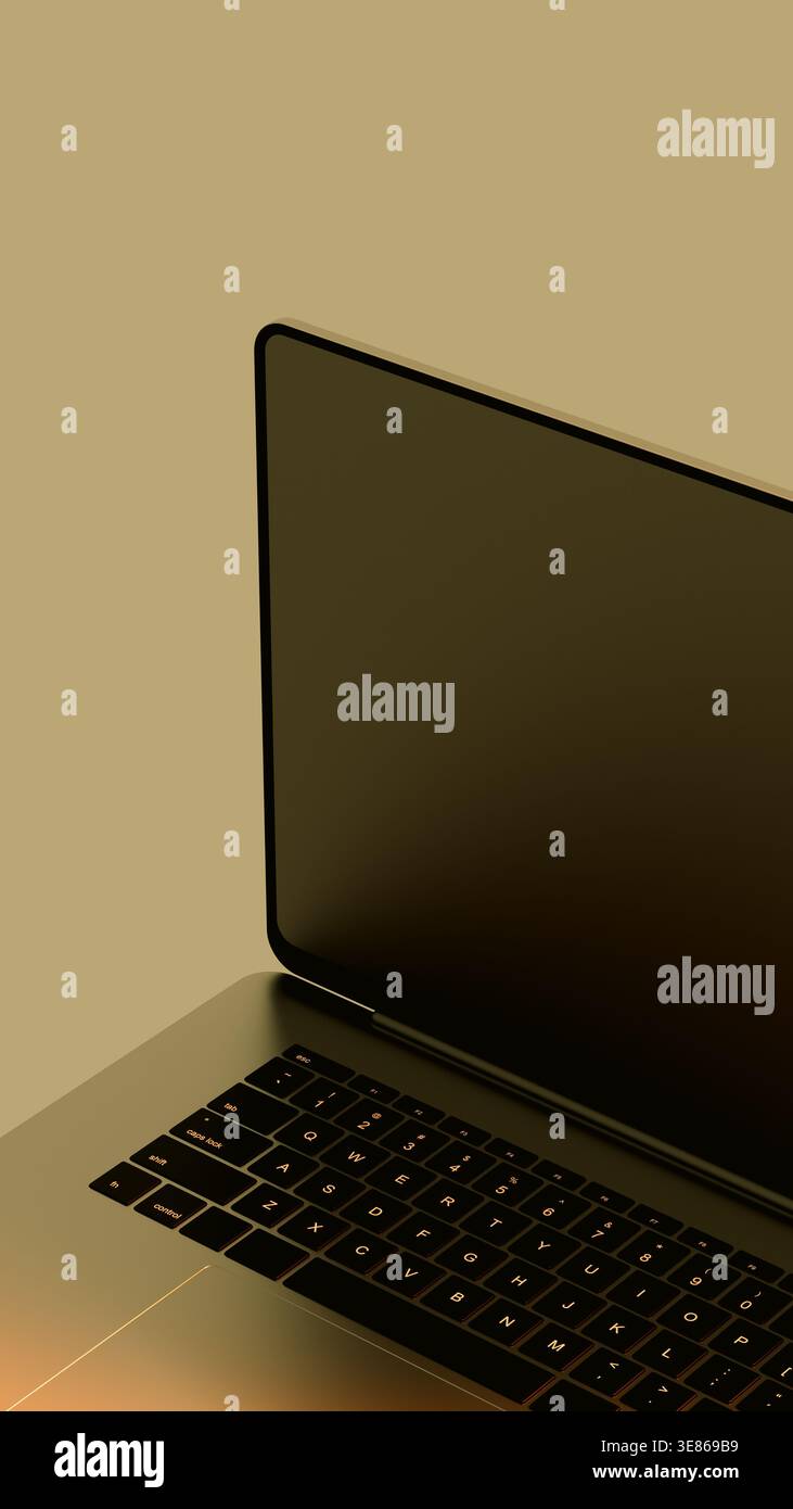 Ein genauer Blick auf ein Notebook mit einem einfachen Design. Die Tastatur wird neben dem Bildschirm angezeigt. Die Hintergrundfarbe ist neutral und nicht verziert. Stockfoto
