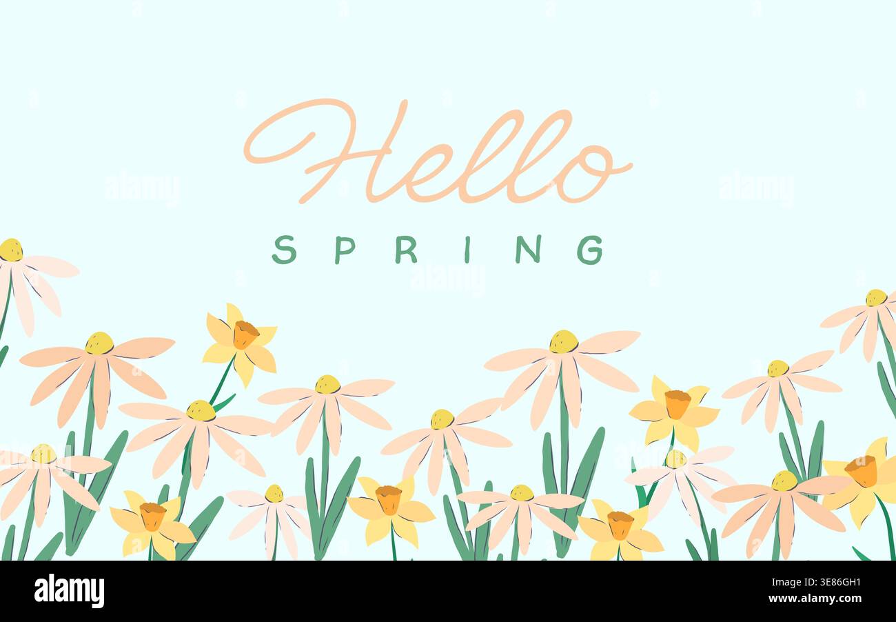 Horizontales Banner mit einem lebhaften Rand von handgezeichneten Frühlingsblumen wie Gänseblümchen und einem weichen blauen Hintergrund in einem flachen Vektorstil. Stock Vektor