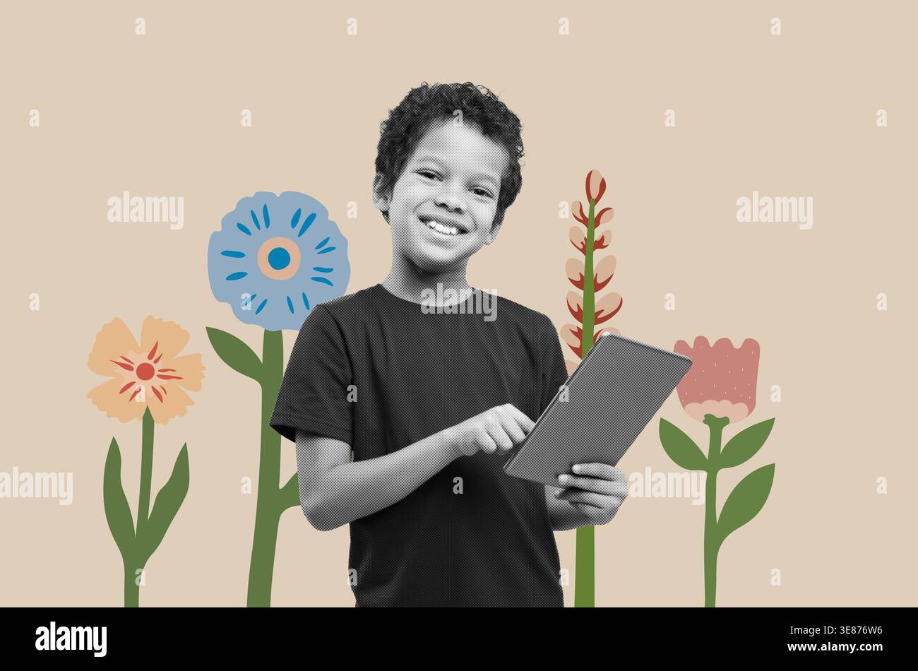 Das Kind spielt mit dem Tablet unter den bunten Blumen in einem Collage-Design mit Naturelementen Stockfoto