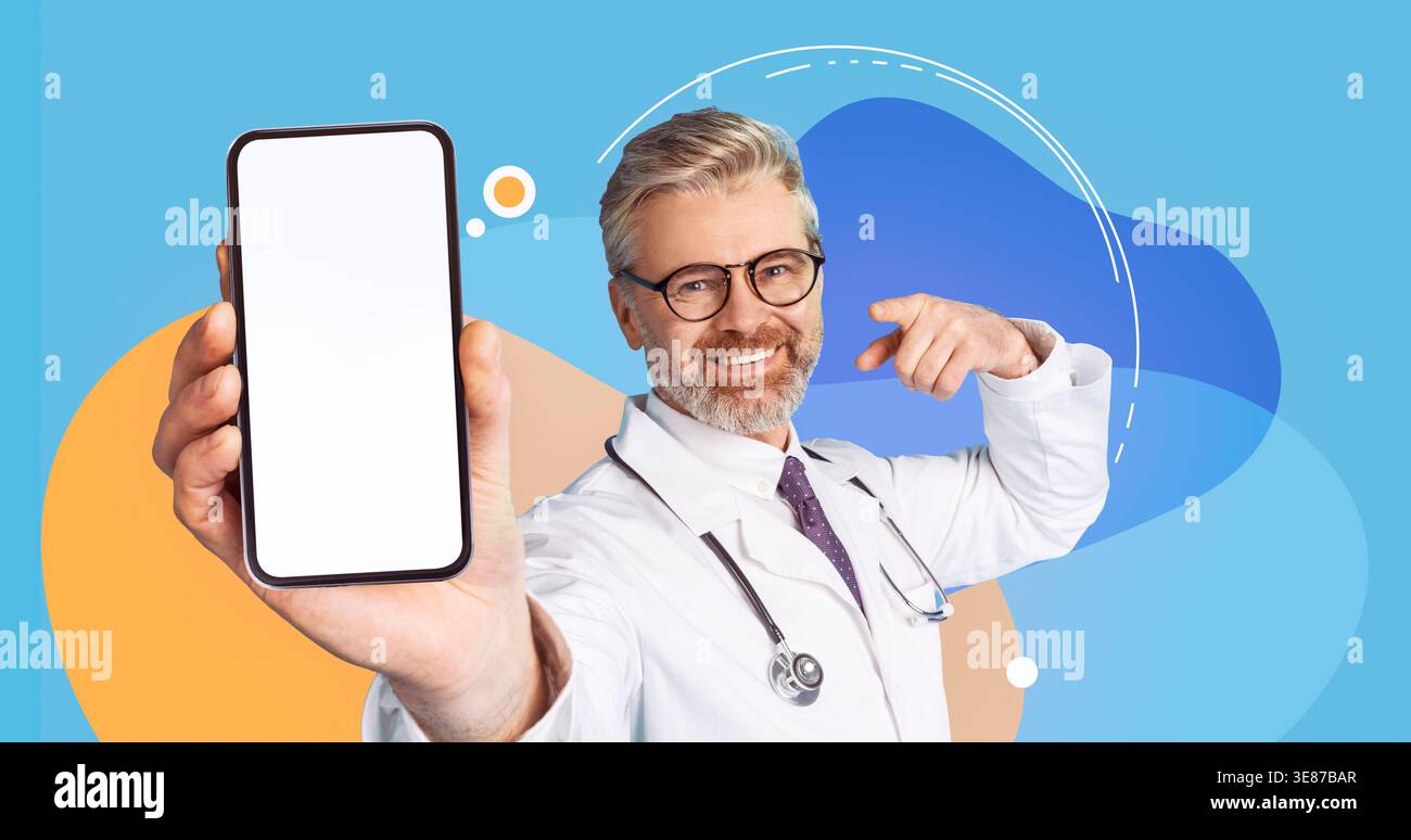 Doktor zeigt Smartphone in einem Collage Hintergrund für Gesundheitsberatung und Informationsaustausch Stockfoto