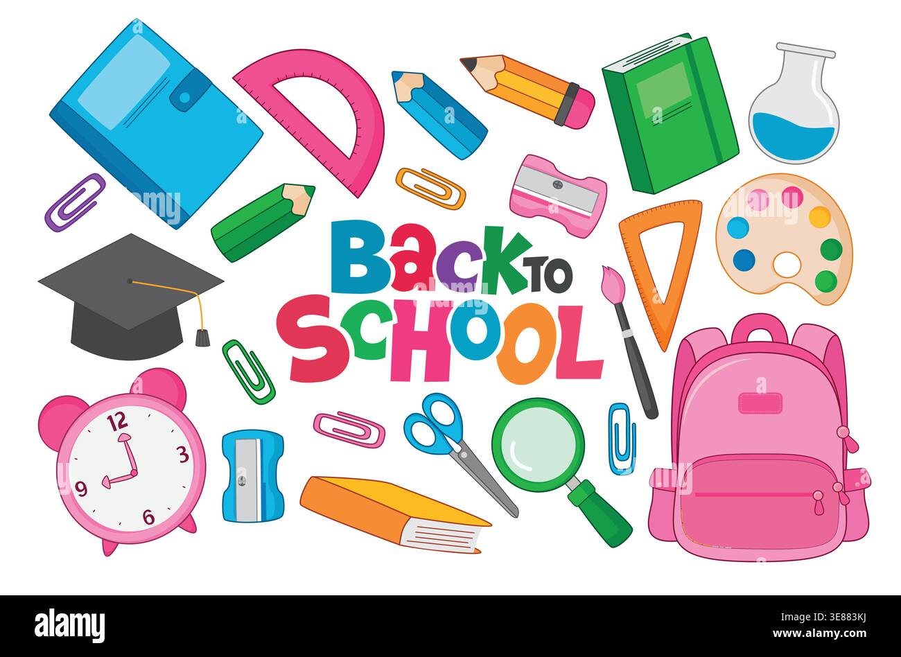 Back to School – Design des Clipart-Sets mit farbenfrohen Elementen. Bunte Back to School Clip Art Kollektion mit verschiedenen Schulutensilien wie Rucksack Stock Vektor