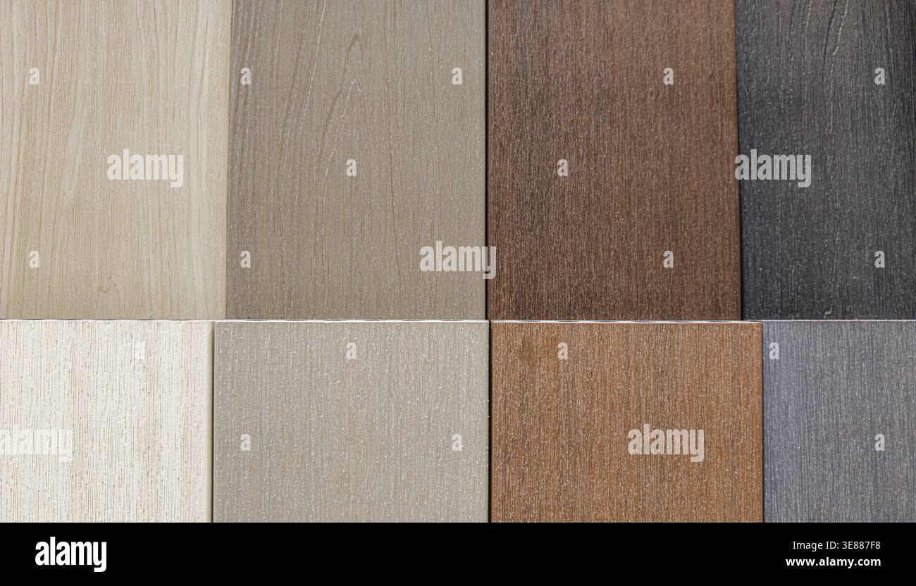 Laminatbodenproben in neutralen Farben aus nächster Nähe Stockfoto