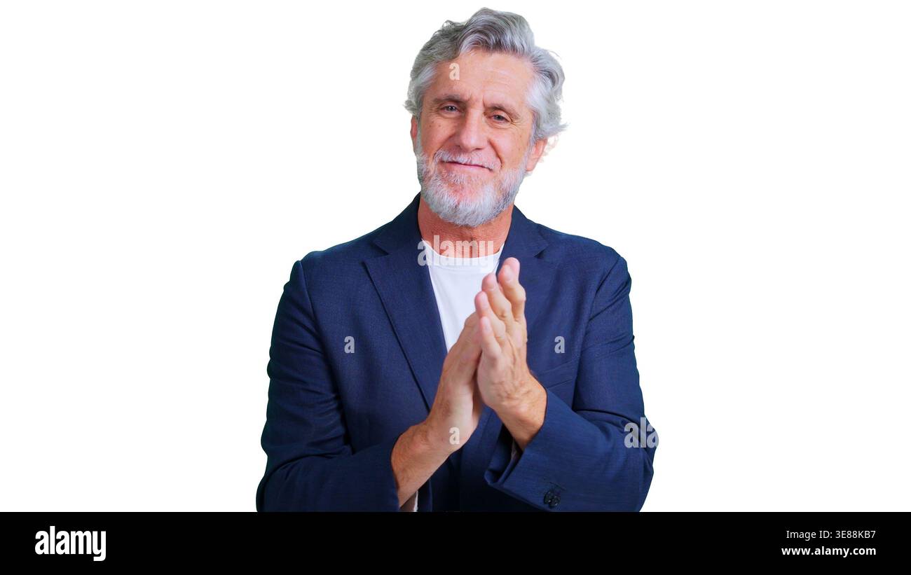 Senior-Mann klatscht in die Hände und zeigt Unterstützung und Erfolg Stockfoto