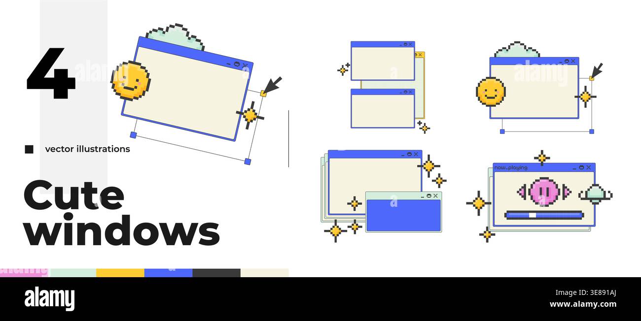 Niedliches verspieltes Pixelbild-Popup-Fenster-UI-Overlay-Paket Stock Vektor