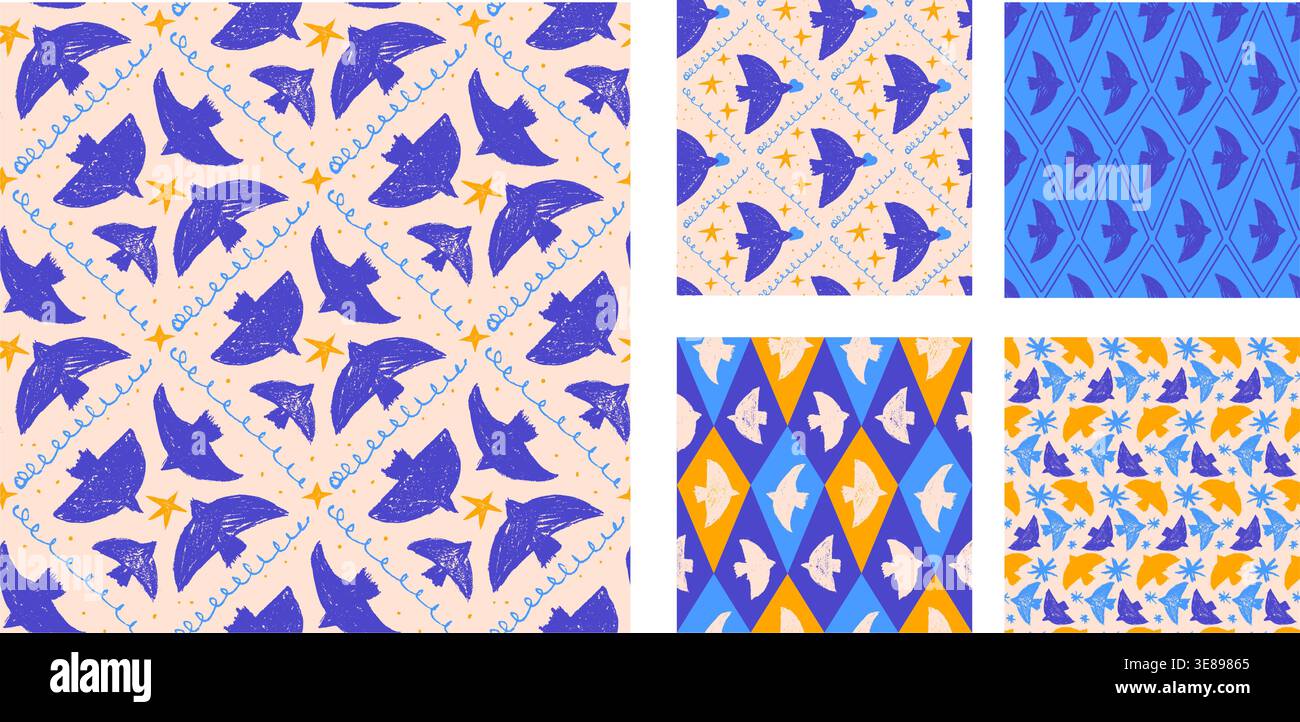 Buntstift-Vogelmotiv im nahtlosen Karomuster mit geometrischen Argyle-Sternen. Blaues und oranges Vogelmuster für Zirkusplakate und Geschenke. Naive Hand dr Stock Vektor