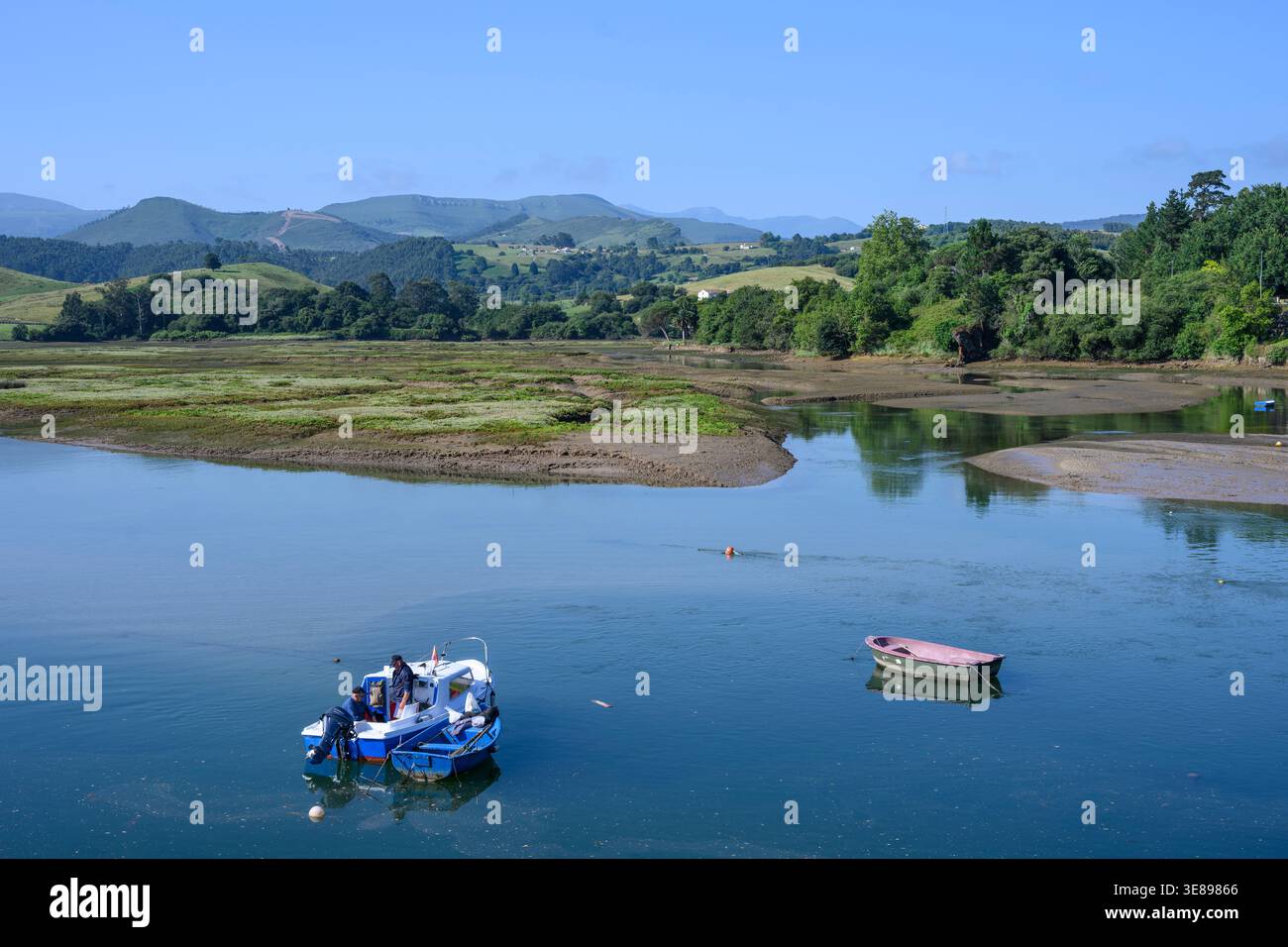 Blick ins Landesinnere vom Gezeitenbach des Flusses Escudo in San Vicente de la Barquera, Teil des Parque Natural de Oyambre, Kantabrien, Spanien. Stockfoto