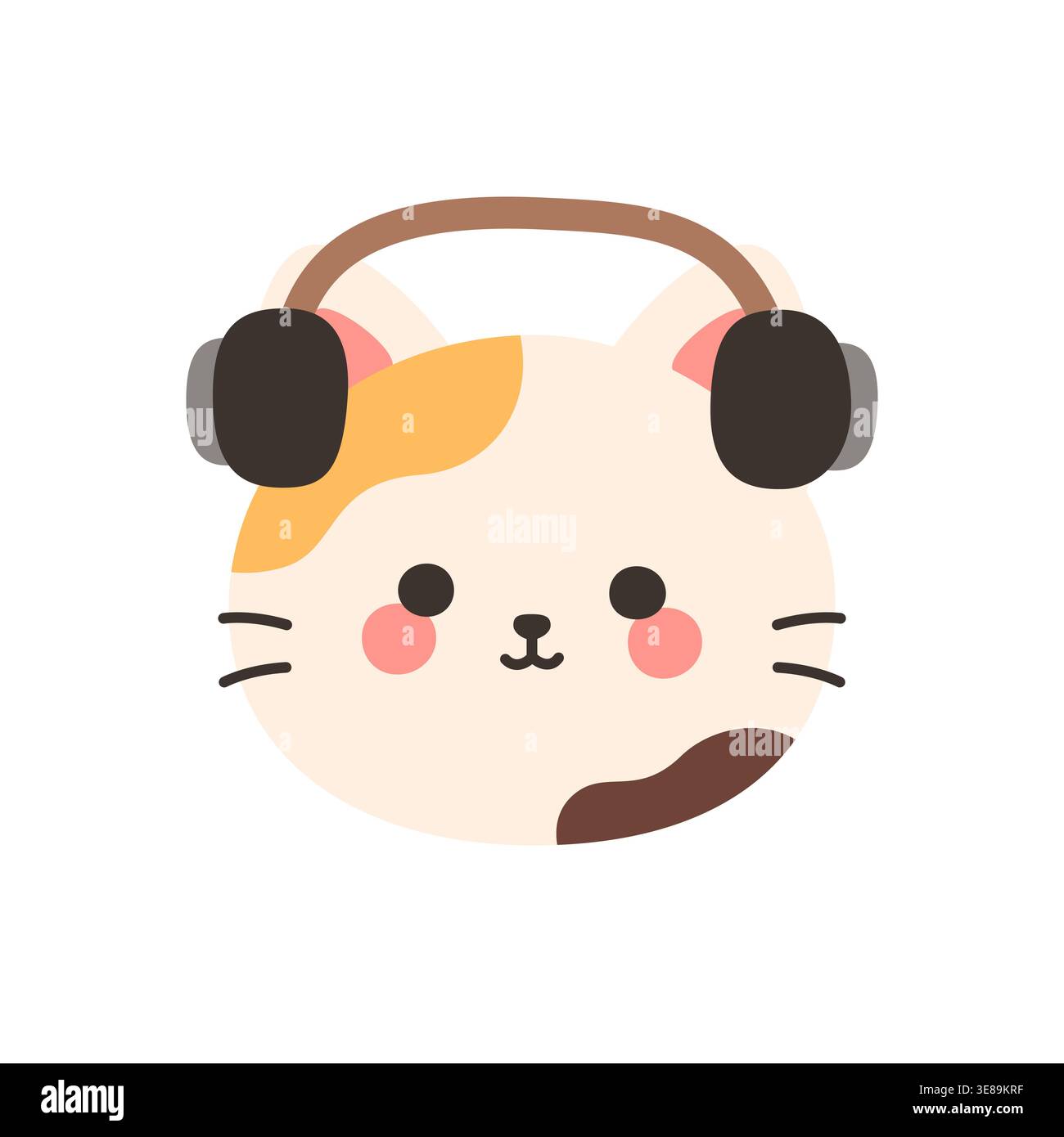 Niedliches kawaii Calico Katze Gesicht trägt braune DJ Kopfhörer Vektor Illustration Clipart Aufkleber Stock Vektor