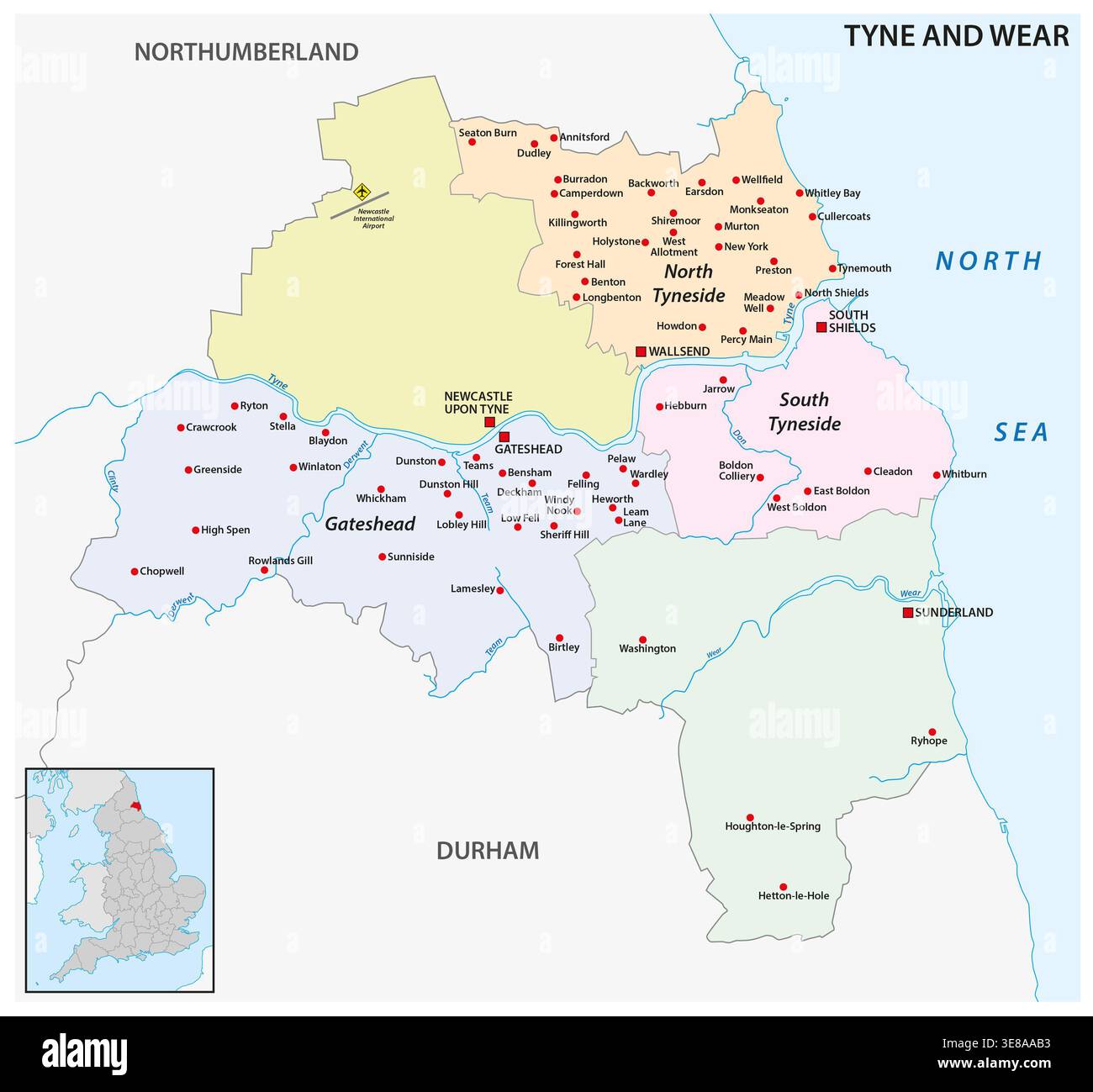 Karte der zeremoniellen Grafschaft Tyne and Wear, England, Großbritannien Stockfoto