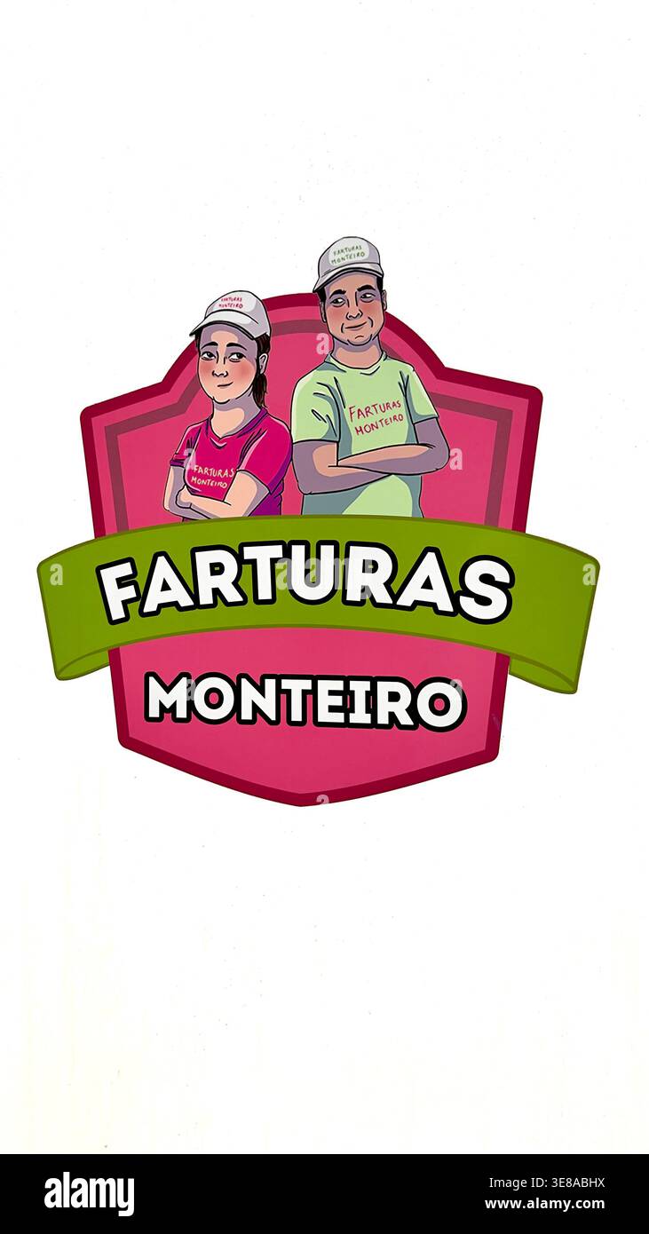 Abbildung des Farturas Monteiro-Logos mit einem Mann und einer Frau in Kappen und T-Shirts auf einem Schildhintergrund Stockfoto