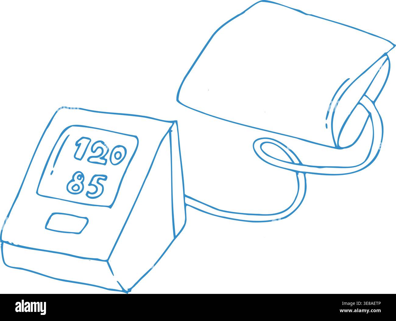 Blaue Kontur des Symbols für die Blutdruckmessung. Sphygmomanometer mit Manschette, Gesundheitsüberwachungsgerät isoliert auf weiß. Doodle-Vektor-Illustration des automatischen Blutdruckmessgeräts. Stock Vektor