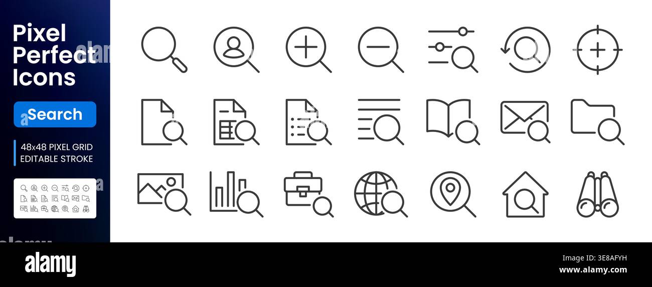Symbole für Suchlinien festgelegt. Zoomen, Dokument finden, Glassymbol vergrößern, Look-Tool, Fernglas mit minimalen Vektorgrafiken. Einfache flache Umrissschilder für Stock Vektor