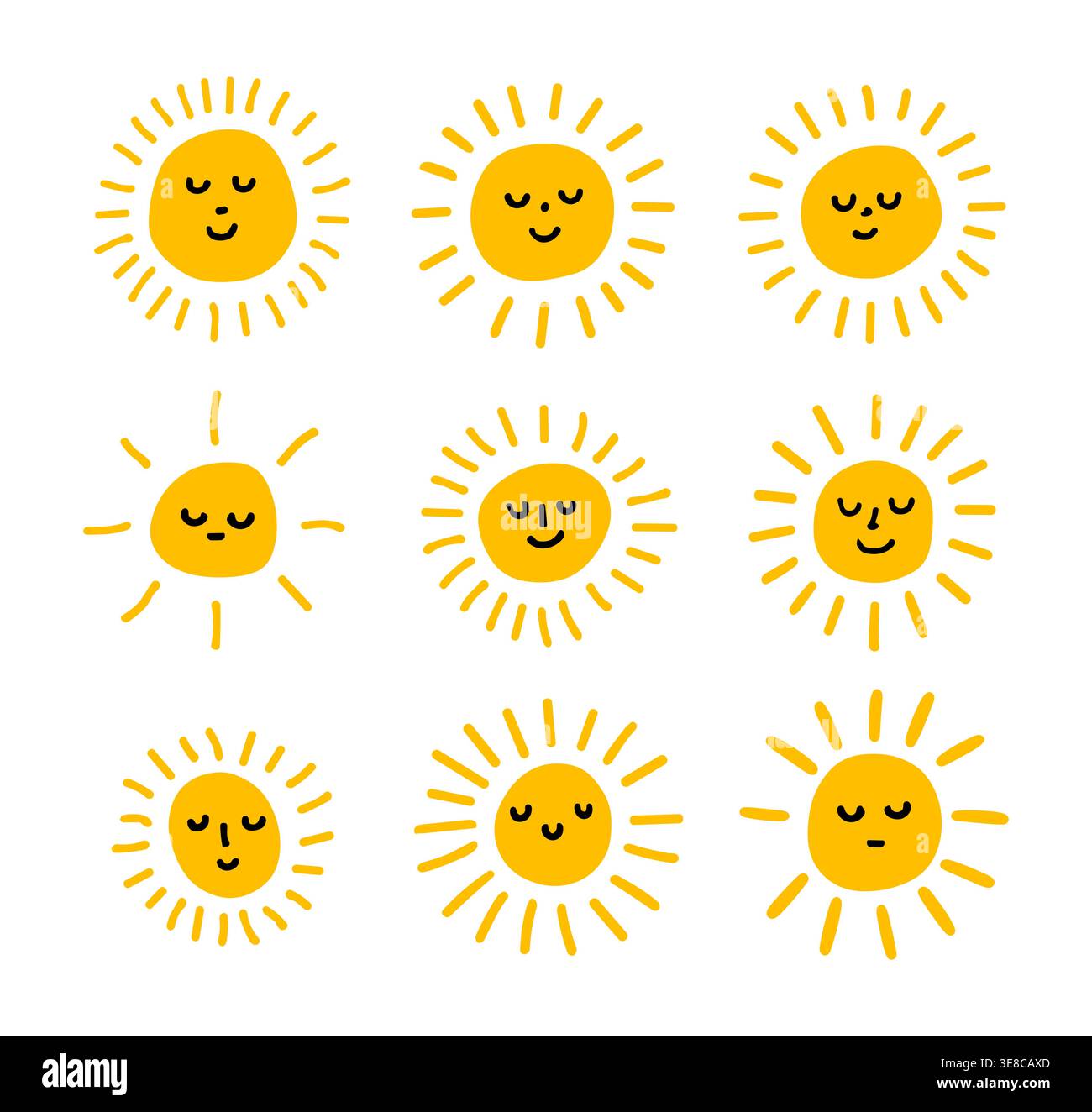 Niedliche Sonne Vektor Gesicht Cartoon Icon. Emoji SUN kawai Smile Logo Stock Vektor