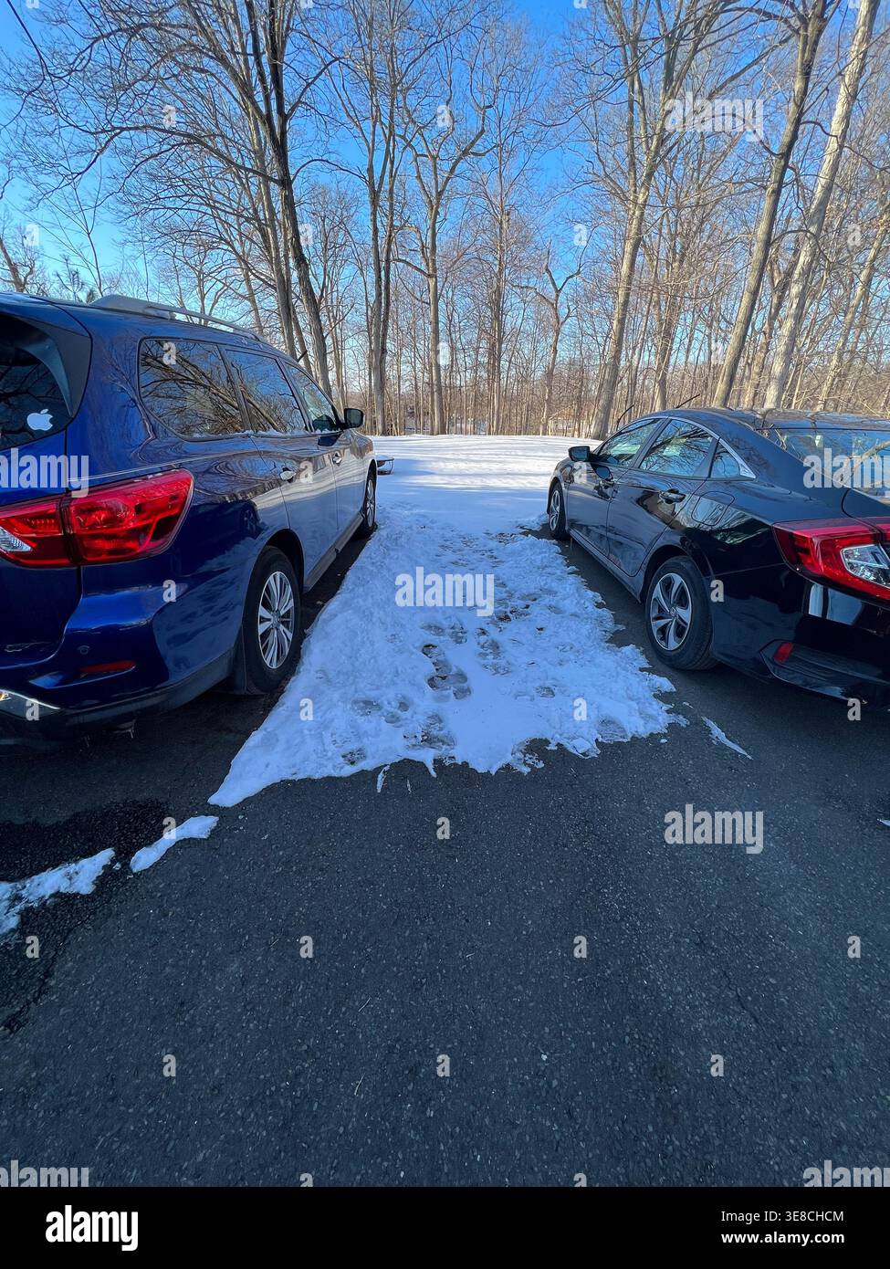 Berkeley Heights, NJ, USA - 14.02.2022: Zwei Autos im Hinterhof im Winter mit Schnee auf dem Boden - Smartphone-aufgenommenes Stockfoto