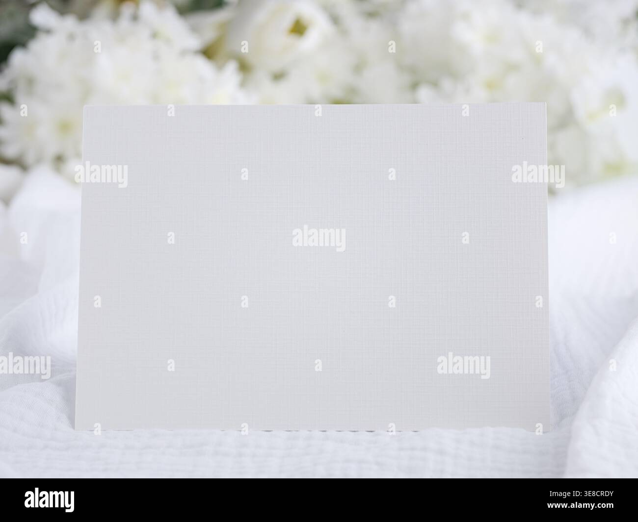 Weiße Leinen leere Notizkarte Einladung auf weichem Mullstoff. Verschwommener Hintergrund der weißen Blume Blume Blume Blume Blume Blume Blume Blüten. Gut zu Ostern, Frühling, Geburtstag Stockfoto