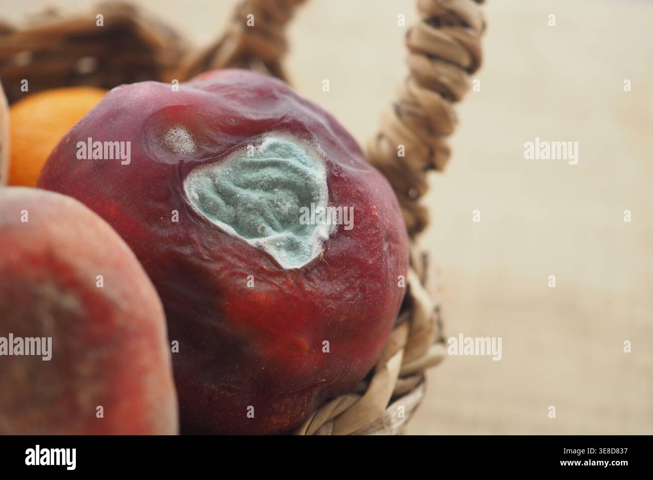 Früchte in einem Korb, die Anzeichen von Zerfall und Schimmelbildung zeigen Stockfoto