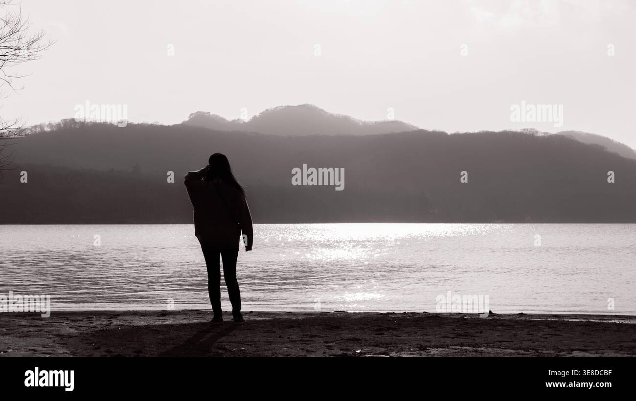 Einsame Frau, die Silhouetten an einem nebeligen Seeufer mit Bergen im entsättigten Hintergrund, Japan. Eine stimmungsvolle atmosphärische Szene, die an Einsamkeit, Introspektion und den stillen Dialog zwischen menschlicher Präsenz und Natur erinnert. Stockfoto