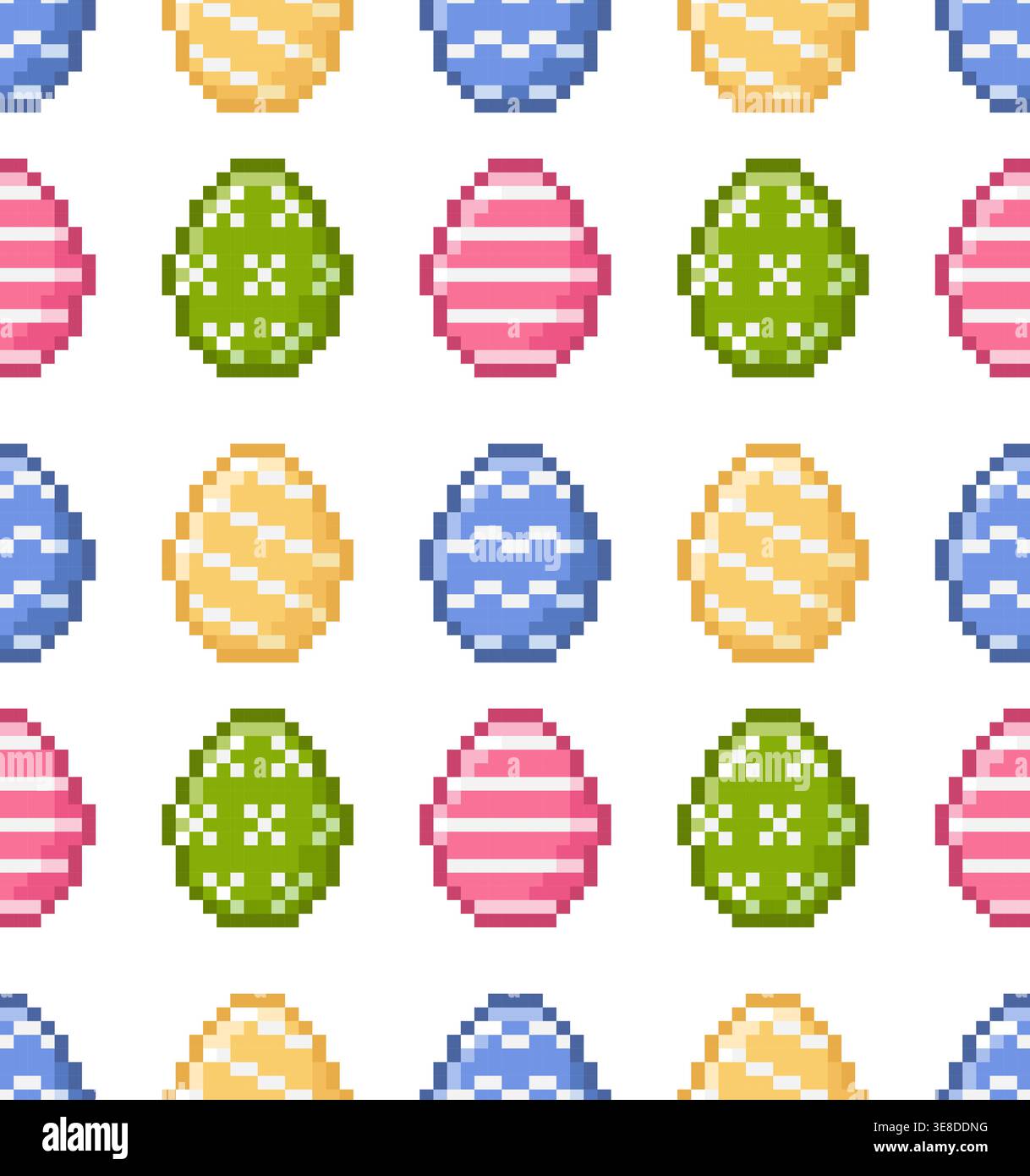 Farbenfrohes, pixelfarbenes Ostereier-Muster. Vier bunte Eier bemalt. 8-Bit-Elemente im Retro-Stil. Vektorabbildung. Stock Vektor