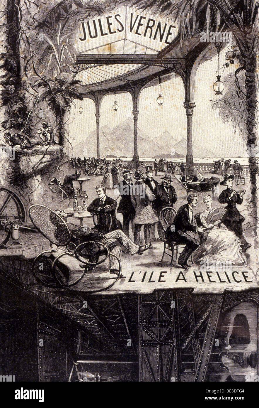 „Frontspiece für L'iEle a Helice“, ein Roman von Jules Verne, 1895, veröffentlicht von Hetzel unter dem Titel „außergewöhnliche Reisen“. Stockfoto