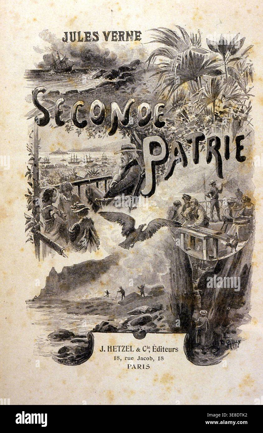 „Frontispiece of „Second Part“, ein Roman von Jules Verne, 1900, veröffentlicht von Hetzel unter dem Titel „Außergewöhnliche Reisen“. Stockfoto