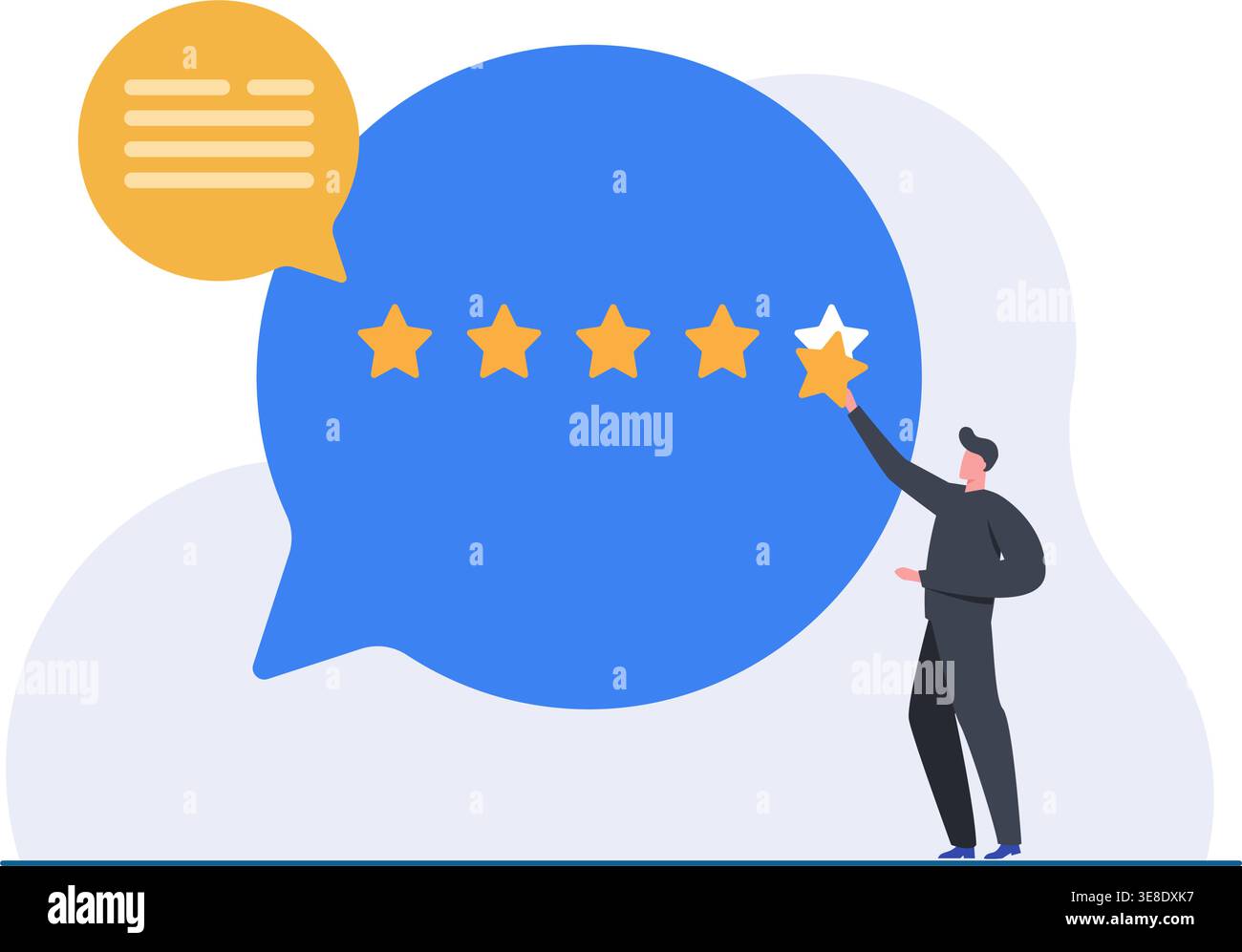 Eine Illustration einer Person, die eine 5-Sterne-Bewertung und positives Feedback in einer blauen Sprechblase abgibt, was eine hohe Kundenzufriedenheit darstellt. Stock Vektor