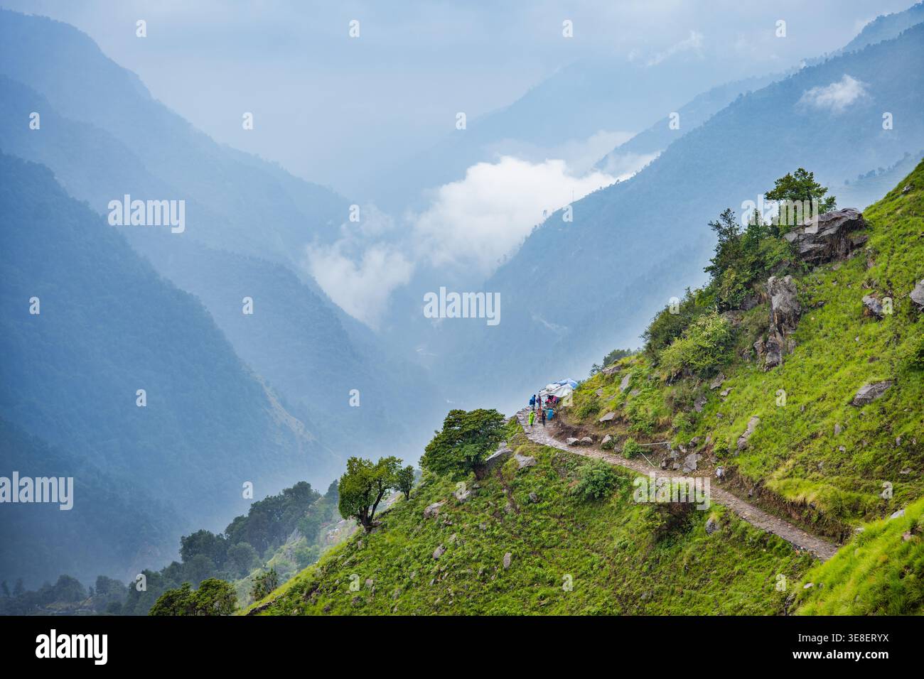 Dieses Bild fängt eine atemberaubende Berglandschaft mit einem gewundenen Pfad ein, der zum majestätischen Madmaheshwar-Tempel in Uttarakhand, Indien, führt. Die Ruhe Stockfoto