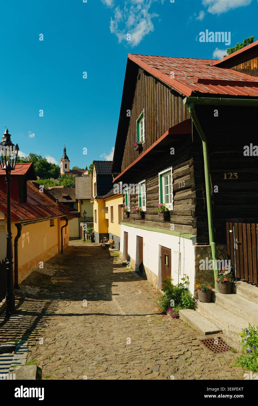 Gemütliche Gasse Mit Blumenschmuck. Malerische, Sonnendurchflutete Straße Mit Terrakotta-Dächern Und Blumentöpfen Stockfoto
