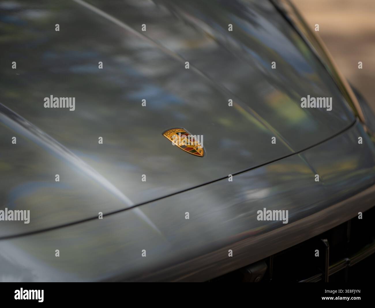 Nahaufnahme eines Porsche-Emblems auf der Motorhaube Stockfoto