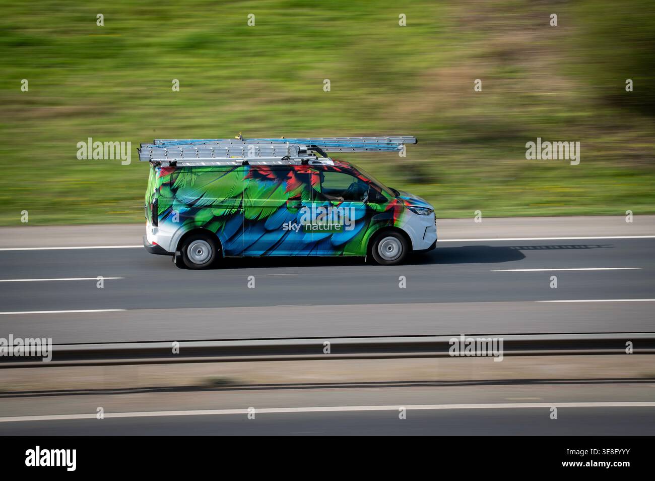 Ford Transit Custom in Sky Nature Scarlet Ara Feather Lackierung, M65 Autobahn, Altham, Lancashire, England. Stockfoto
