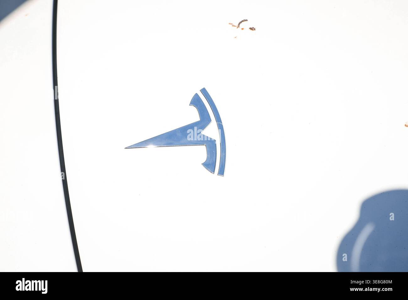 KEY WEST, FLORIDA USA - 27. OKTOBER 2025: Nahaufnahme eines verchromten Tesla-Logoemblems auf der weißen Motorhaube eines Elektrofahrzeugs mit weichem Schatten. Stockfoto
