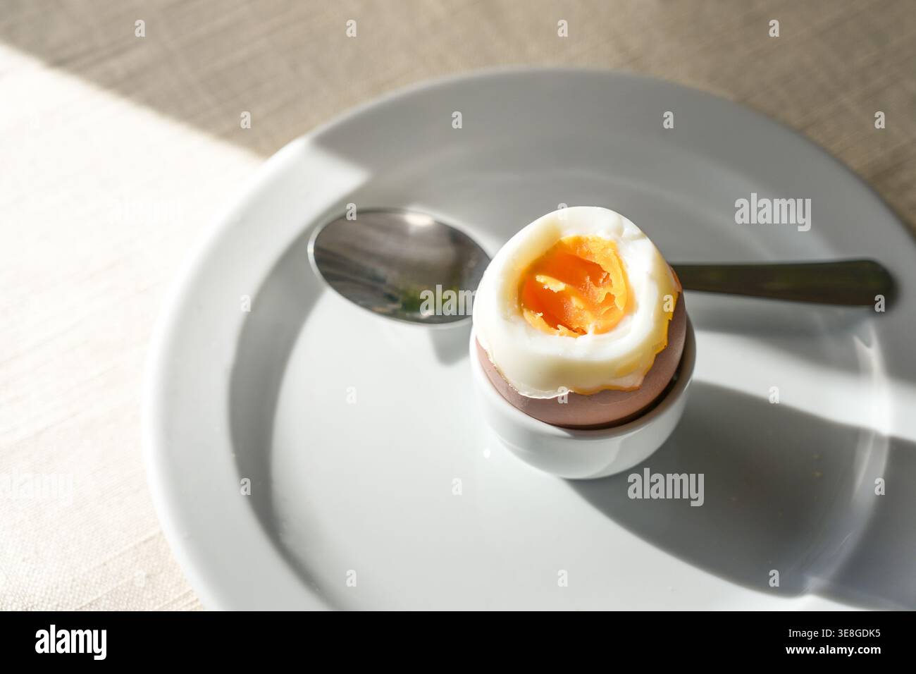 Gekochtes Ei mit weichem Eigelb in einem Stand und einem Löffel auf einem weißen Teller an einem sonnigen Tag, Eiweißsnack zum Frühstück, Mittag- oder Abendessen, Kopierraum, ausgewählt f Stockfoto